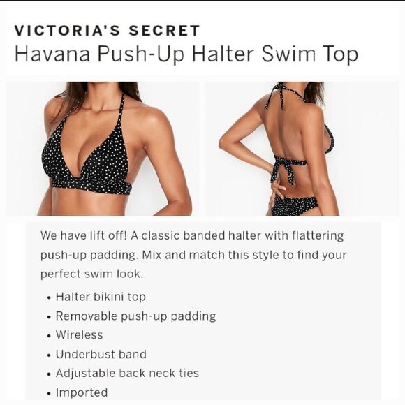 Victorias Secret Swim Havana Push Up Halter Padded Bikini top Black White dots - Picture 2 of 3